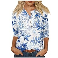 Women's Long Sleeve T Shirts Fashion Casual Round Neck 44989 with Buttons Loose Flower Printed Shirt Top, S-3XL