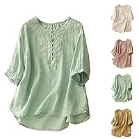 Cotton Linen Embroidery Tops for Women 3/4 Sleeve Button Down Shirts Casual Loose Dandelion Flower Elegant Blouse