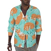 Sleeping Corgi Long Sleeve Shirts for Men Button Down Blouse Comfortable Fit Casual Tops with Pocket