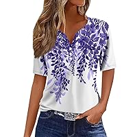 Womens Short Sleeve Tops, Vintage Boho Fashion Printed V-Neck Decorative Button T-Shirt Casual Summer Tops