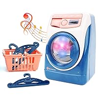 deAO Washing Machine Toy for Kids Dollhouse Furniture Pretend Play Household Appliance Realistic Sounds with Lights Laundry Play Set with Rotatable Roller for Children Birthday Present…