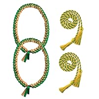 2Pcs Graduation Ribbon Lei,Graduation Cords Handmade BraidedNecklace, Honor Cord with Tassel 2024 Handmade Double Braided Necklace Adjustable Graduates Leis for Graduation Gifts（Green Gold）