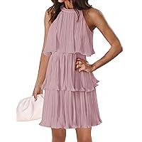 ZESICA Women's 2024 Summer Halter Dresses Sleeveless Ruffle Tiered Layered Chiffon Pleated A Line Swing Mini Dress