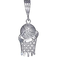 Sterling Silver Basketball Hoop Charm Pendant Necklace Diamond Cut Finish