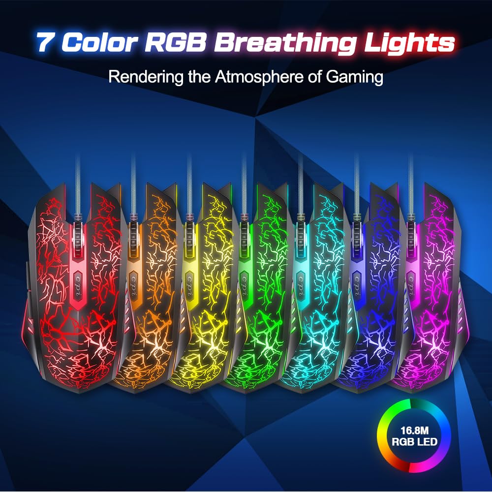 VersionTECH. Wired Gaming Mouse, Computer Mouse Ergonomic Mice with 7 LED Lights RGB Backlit, 6 Programmable Buttons, 4 Adjustable DPI for Laptop PC Gamer Desktop Chromebook Mac Games-Black