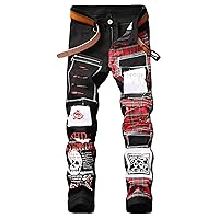 Enrica Men's Straight Slim Fit Ripped Distressed Jeans with Patches Pants
