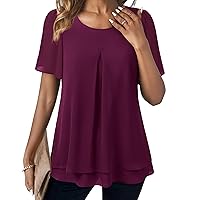 Gaharu Women's Ruffle Short Sleeve Blouses Double-Layered Shirt Work Tunic Tops