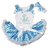 Petitebella My 1st Birthday White Shirt Blue Polka Dots Baby Skirt Set 3-12m