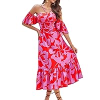 GRACE KARIN Women's 2024 Summer Floral Maxi Dress Smocked Halter Neck Ruffle A Line Off Shoulder Long Flowy Dress