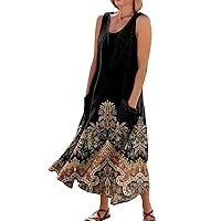 Summer Linen Dresses for Women 2024 Floral Dress for Women 2024 Summer Bohemian Print Casual Loose Fit with Sleeveless U Neck Linen Dresses Black 3X-Large