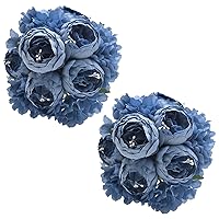 Artificial Peony Flowers 2 Bundles Peony Fake Flowers Faux Silk Peonies with Hydrangea Flower Bouquets for Wedding Home Party Decor Floral Arrangements Table Centerpieces, Dusty Blue X2