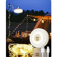 Camping Lights String,2 in 1 Outdoor String Lights with 5 Lighting Modes,Led String Lights Outdoor Waterproof IPX4,Portable Camping Lantern USB-C Rechargeable for Tent,Camping,Yard,Decoration(32.8FT)