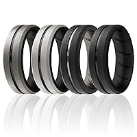 ROQ Silicone Rubber Wedding Ring for Men, Comfort Fit, Men's Wedding Band, Breathable Rubber Engagement Band, 8mm Wide 2mm Thick, Engraved Duo Middle Line, 4 Pack, Black, Dark Silver, Silver, Size 11