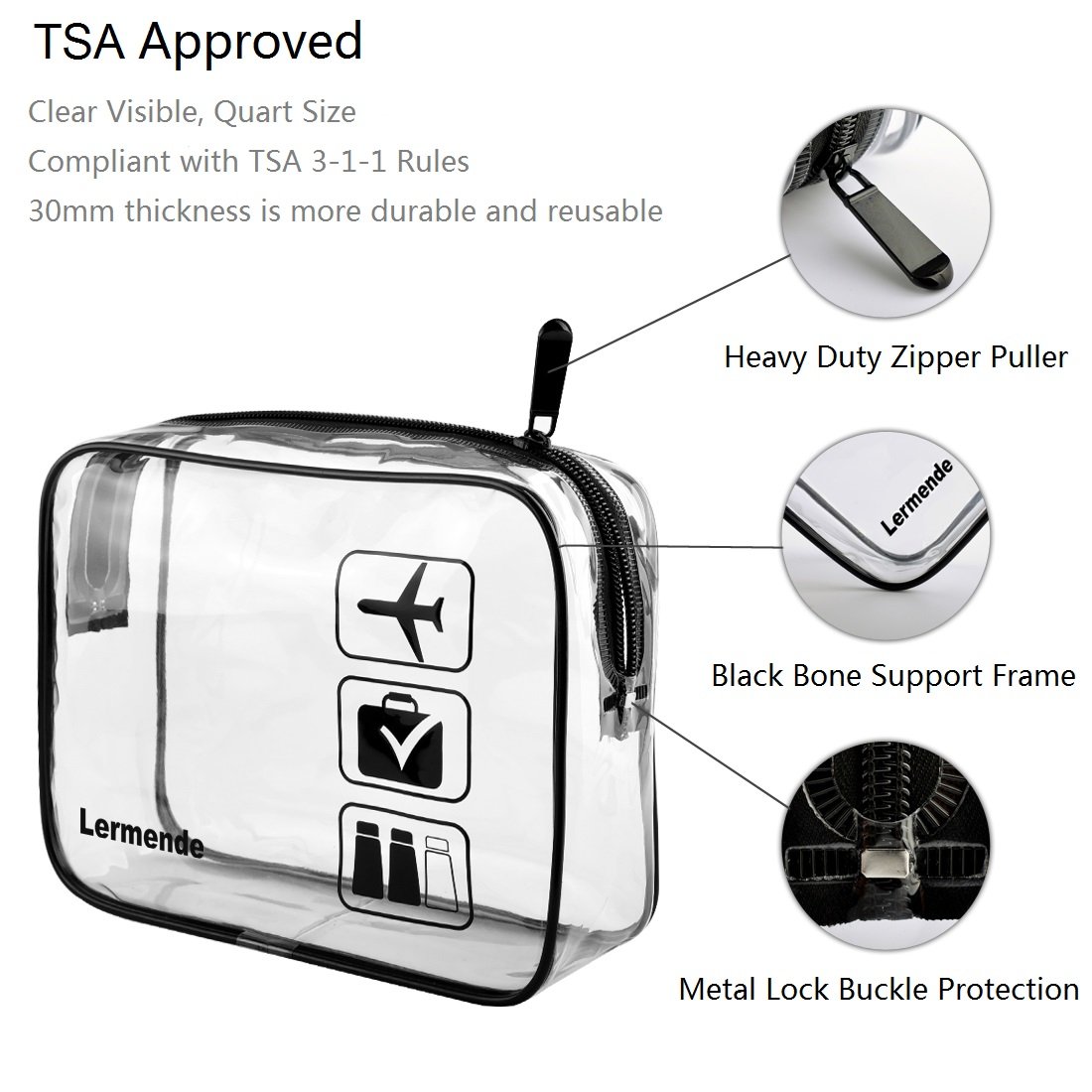 Lermende 3pcs TSA Approved Toiletry Bag with Zipper Travel Luggage Pouch Carry On Clear Airport Airline Compliant Bag Travel Cosmetic Makeup Bags for Men Women - Black