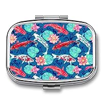 Pill Box Red Colorful Goldfish Lotus Flowers and Lotus Leaves Square-Shaped Medicine Tablet Case Portable Pillbox Vitamin Container Organizer Pills Holder with 3 Compartments