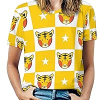 Tiger Star Yellow White Chess Board Women's Print Shirt Summer Tops Short Sleeve Crewneck Graphic T-Shirt Blouses Tunic