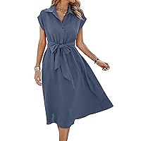 ECOWISH Womens Casual Midi Dresses Solid V Neck Short Sleeve Button Shirt Belted Dress with Pockets for Spring Summer 2024