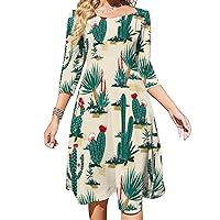 Cactus & Blooming Succulents Flower Women's 3/4 Sleeve Dress Casual Midi Dresses Tie Backless Swing Sundress