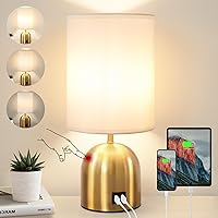 Touch Control Table Lamp for Bedroom, 3 Way Dimmable Gold Bedside Lamps with 2 USB Charging Ports Modern Lamp with Metal Base Fabric Shade for Nightstand Living Room, Home Office(Bulb Included)