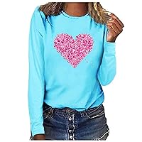 Spring Love Hearts Graphic Shirts for Women Valentine's Day Long Sleeve Tops Fashion Casual Loose Fit Crewneck Tees