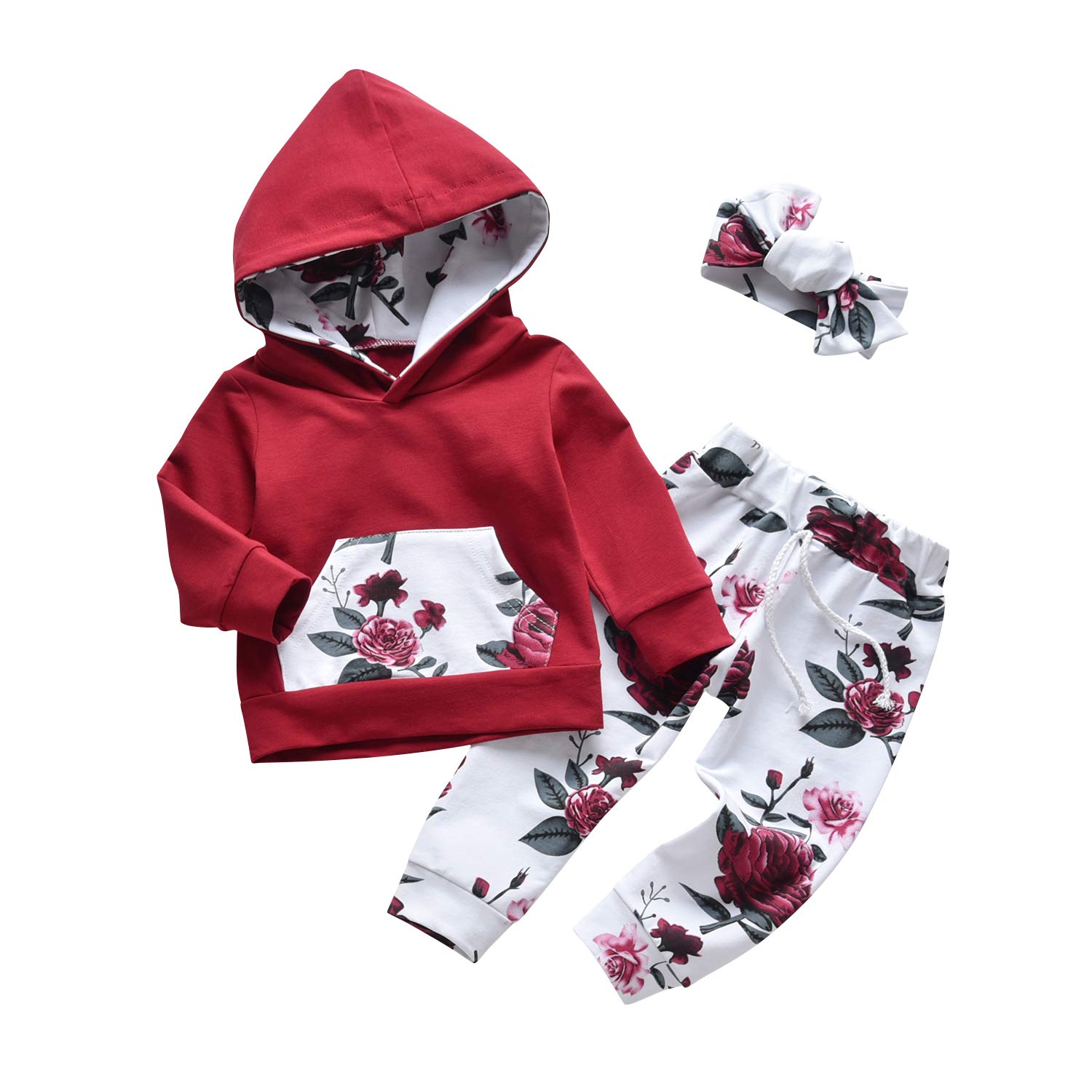 Baby Girl Clothes Long Sleeve Floral Hoodie Sweatshirt Pants with Pocket Headband Outfit Sets