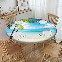 Beach Pattern Round Fitted Tablecloth,Elastic Edge,Outdoor Picnic Patio Party or Indoor Canteen Dinner Dining Tables Decoration,Deep Sky,for 28