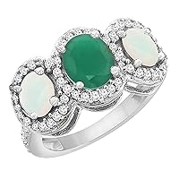 14K White Gold Natural Quality Emerald & Opal 3-stone Mothers Ring Oval Diamond Accent, size 5-10