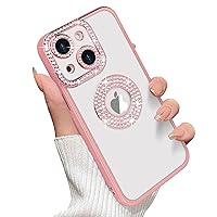 Losin Compatible with iPhone 15 Plus Glitter Case with Logo View for Women Girls Luxury Cute Diamond Case Bling Camera Protective Soft Clear TPU Sparkle Rhinestone Shockproof Cover, Pink