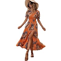 Women's Dress Tropical Print Puff Sleeve Split Thigh Ruffle Hem Dress Dresses for Women (Size : Small)