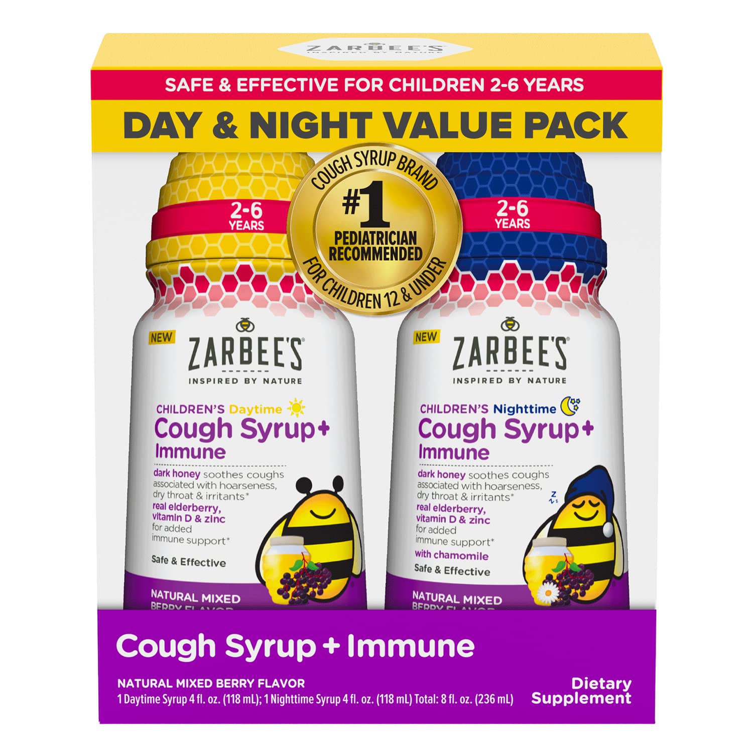 Zarbee's Kids Cough + Immune Day/Night Value Pack for Children 2-6 with Dark Honey, Vitamin D & Zinc, 1 Pediatrician Recommended, Drug & Alcohol-Free, Mixed Berry Flavor, 2x4FL Oz