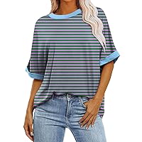 Striped Shirt Women Summer Short Sleeve Casual Baggy Tops 2024 Trendy Oversized Crew Neck Loose Fit Tees