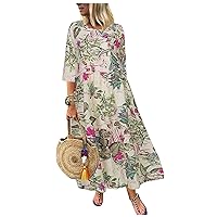 Plus Size Dress for Women,Boho Dress Elegant Print Crewneck Half Sleeve Casual Long Dress Summer Vacation Maxi Dress