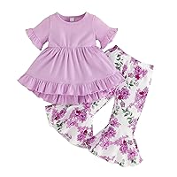 Clothes Crop Infant Girls Short Sleeve Ruffles Tops Summer Flowers Prints Trumpet Long Pants (Purple, 18-24 Months)