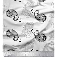 Soimoi Moss Georgette White Fabric - by The Yard - 42 Inch Wide - Black Sketch Paisley Intrigue - Elegant and Timeless Black Sketch Paisley Design Printed Fabric
