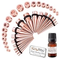 BodyJ4You 36PC Gauges Kit Ear Stretching Aftercare Balm Jojoba Oil Wax 14G-00G Rose Goldtone Taper Screw Fit Tunnel Plug