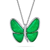 Bling Jewelry Nature CZ Accent Genuine Gemstone Green Malaysian Jade Quartz Garden Insect Butterfly Necklace Pendant For Women Teen Girlfriend Silver Plated