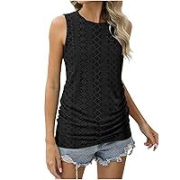 Women Ruched Tank Tops Slim Fit Sleeveless Eyelet Tanks Solid Crew Neck Tshirt Hollow Summer Beach Vest Blouses