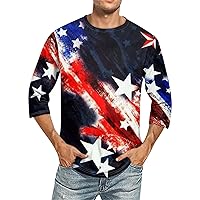 Mens Independence Day Shirt 3/4 Sleeve Crewneck American Flag Shirts Funny Graphic Workout Summer Tops Patriotic Tee