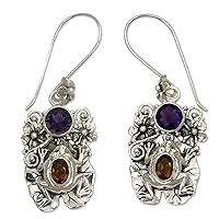 NOVICA Handmade .925 Sterling Silver Amethyst Citrine Dangle Earrings Frog Purple Yellow Indonesia Animal Themed Birthstone [2 in L x 0.7 in W x 0.2 in D] 'Rainforest Frog'