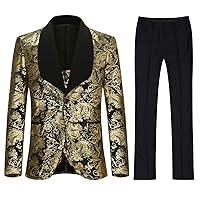 YFFUSHI Mens 3 Piece Dress Suits Slim Fit One Button Shawl Collar Floral Printed Jacket Vest Trousers