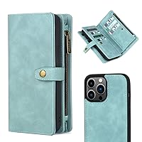 2-in-1 Detachable Magnetic Wallet Phone Case for iPhone 15 14 Plus Pro Max, 11 Card Slots, Wallet with Wrist Strap