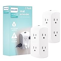 Philips 6-Outlet Extender, 2 Pack, Grounded Wall Tap, Reset Button, Circuit Breaker, Adapter Spaced Outlets, 3-Prong, Quick and Easy Install, Cruise Essentials, UL Listed, White, SPS1462WA/37