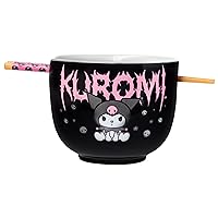 Silver Buffalo Sanrio Hello Kitty and Friends Kuromi Ceramic Ramen Noodle Rice Bowl with Chopsticks, Microwave Safe, 20 Ounces