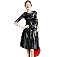 LAI MENG FIVE CATS Womens Faux Leather Fashion Bodycon A-line Midi Dress with Belted