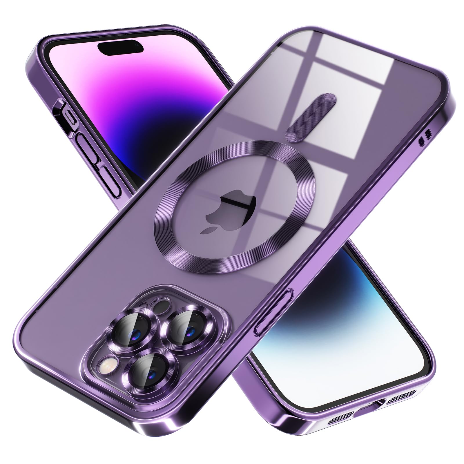 Misea Magnetic Clear Case for iPhone 14 Pro Max Case [Compatible with MagSafe] [Never Yellowing] [Military Grade Drop Protection] Full Camera Lens Protector Luxury Plating Soft Phone Case, Purple