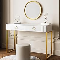 White Desk with Drawers,Modern Laptop Table with Gold Metal Legs,43 inch Makeup Vanity Small Desk with Storage, Stylish & Functional Computer Desk Work Stations for Home Office