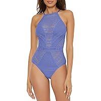 Becca Womens Color Play Crochet Swimsuit, High Neck, Bathing for One Piece, Cornflower, Large US