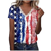 Tops for Juniors Summer Fall Short 3/4 Length Sleeve Crewneck USA Flag Loose Fit Long Tops Shirt Blouse Women 2024