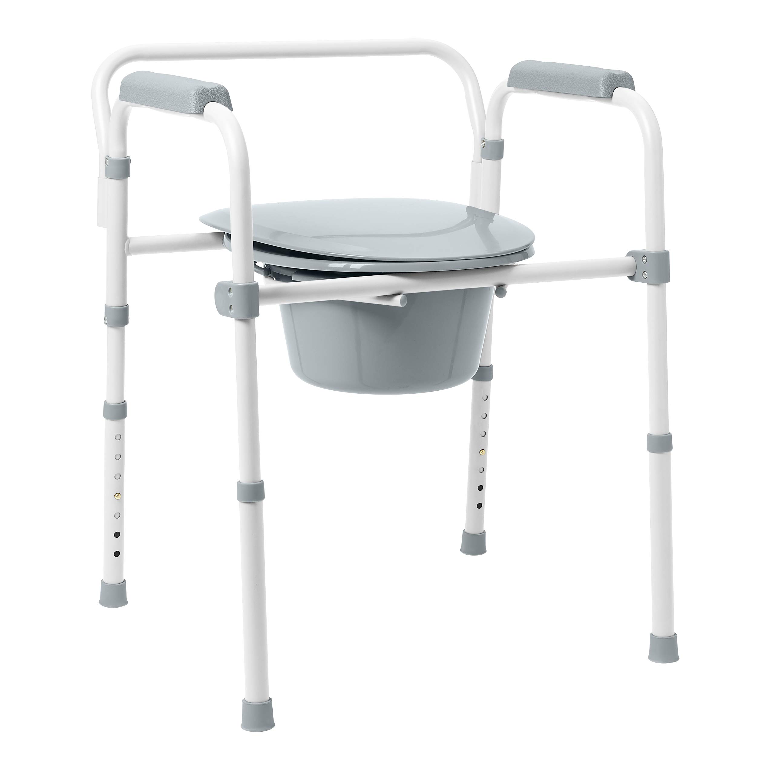 Medline 3-in-1 Steel Bedside Commode, Elongated Seat, Folding Frame, Clip on for Easy Cleaning, 350 lb Capacity
