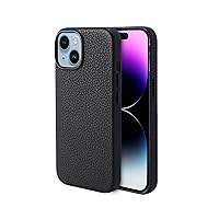Genuine Leather Case for iPhone 15 (6.1 inch) Top Litchi Grain Leather Magnetic Phone Case- Compatible with Magsafe - Black